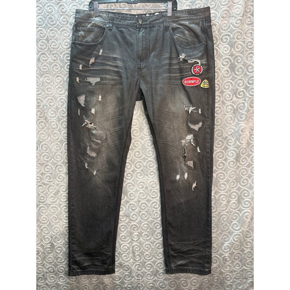 Born Fly Mens 42‎ Distressed Patched Ripped Jeans Black Denim